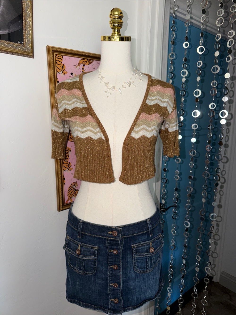 Vintage Y2K Rave Cropped Metallic Knit Cardigan - Brown with Pink & Cream